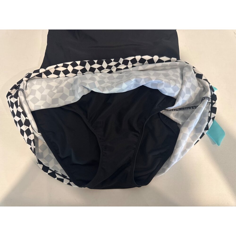 Venus Women Swimsuit Sz 10 Black/Aqua Retro CottageCore Skirt Mixed Media Belted - Picture 3 of 7